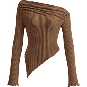 imagePRETTYGARDEN Womens Spring Long Sleeve Y2K Crop Top Trendy Off Shoulder Asymmetrical Fitted Knit Tee Shirts Going Out TopsBrown