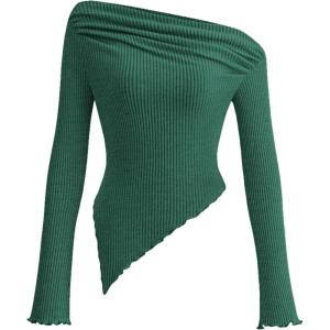imagePRETTYGARDEN Womens Spring Long Sleeve Y2K Crop Top Trendy Off Shoulder Asymmetrical Fitted Knit Tee Shirts Going Out TopsDark Green