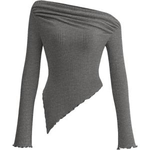 imagePRETTYGARDEN Womens Spring Long Sleeve Y2K Crop Top Trendy Off Shoulder Asymmetrical Fitted Knit Tee Shirts Going Out TopsGrey