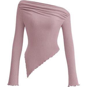 imagePRETTYGARDEN Womens Spring Long Sleeve Y2K Crop Top Trendy Off Shoulder Asymmetrical Fitted Knit Tee Shirts Going Out TopsGrey Pink