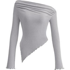 imagePRETTYGARDEN Womens Spring Long Sleeve Y2K Crop Top Trendy Off Shoulder Asymmetrical Fitted Knit Tee Shirts Going Out TopsLight Grey
