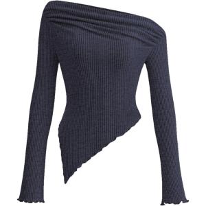 imagePRETTYGARDEN Womens Spring Long Sleeve Y2K Crop Top Trendy Off Shoulder Asymmetrical Fitted Knit Tee Shirts Going Out TopsNavy
