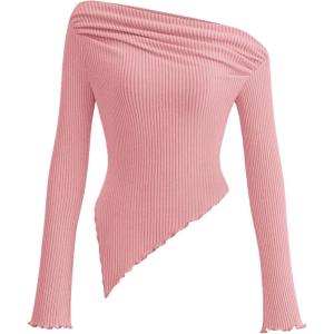 imagePRETTYGARDEN Womens Spring Long Sleeve Y2K Crop Top Trendy Off Shoulder Asymmetrical Fitted Knit Tee Shirts Going Out TopsPink