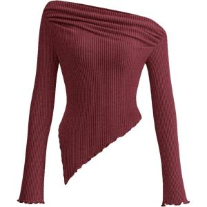 imagePRETTYGARDEN Womens Spring Long Sleeve Y2K Crop Top Trendy Off Shoulder Asymmetrical Fitted Knit Tee Shirts Going Out TopsWine Red