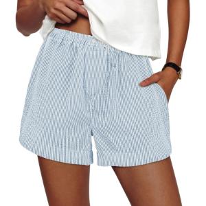 imagePRETTYGARDEN Womens Striped Boxer Shorts Summer 2025 Trendy Casual Elastic Waist Lounge Sleep Pajama Bottoms Beach ShortsStriped Light Blue White
