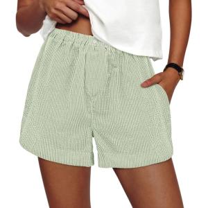 imagePRETTYGARDEN Womens Striped Boxer Shorts Summer 2025 Trendy Casual Elastic Waist Lounge Sleep Pajama Bottoms Beach ShortsStriped Light Green White