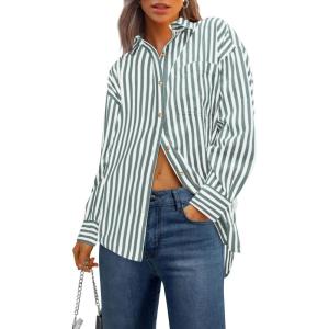 imagePRETTYGARDEN Womens Striped Button Down Shirt Spring 2025 Oversized Collared Long Sleeve Office Work Blouses TopsGreen
