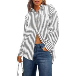 imagePRETTYGARDEN Womens Striped Button Down Shirt Spring 2025 Oversized Collared Long Sleeve Office Work Blouses TopsGrey