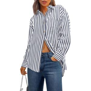 imagePRETTYGARDEN Womens Striped Button Down Shirt Spring 2025 Oversized Collared Long Sleeve Office Work Blouses TopsNavy