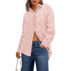 imagePRETTYGARDEN Womens Striped Button Down Shirt Spring 2025 Oversized Collared Long Sleeve Office Work Blouses TopsRed