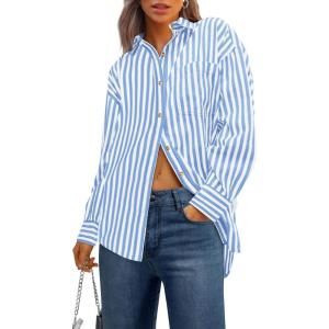 imagePRETTYGARDEN Womens Striped Button Down Shirt Spring 2025 Oversized Collared Long Sleeve Office Work Blouses TopsSky Blue