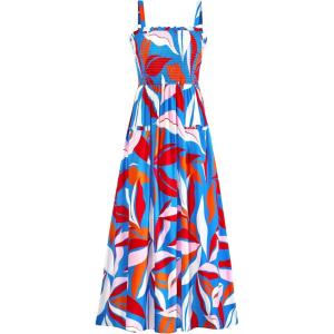 imagePRETTYGARDEN Womens Summer Dresses 2025 Casual Spaghetti Strap Ruffle Smocked Flowy Floral Print Maxi Dress with PocketsFloral Blue Multicolored