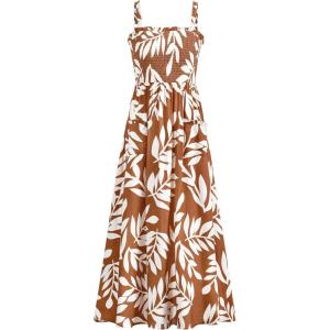 imagePRETTYGARDEN Womens Summer Dresses 2025 Casual Spaghetti Strap Ruffle Smocked Flowy Floral Print Maxi Dress with PocketsKhaki