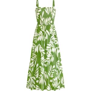 imagePRETTYGARDEN Womens Summer Dresses 2025 Casual Spaghetti Strap Ruffle Smocked Flowy Floral Print Maxi Dress with PocketsLeaves Light Green