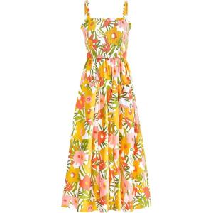 imagePRETTYGARDEN Womens Summer Dresses 2025 Casual Spaghetti Strap Ruffle Smocked Flowy Floral Print Maxi Dress with PocketsWhite Yellow Flower