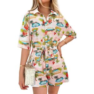 imagePRETTYGARDEN Womens Summer Short Rompers 2025 Beach Vacation Clothes Boho Floral Print Short Sleeves JumpsuitsWhiteblue Leaf