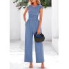 imagePRETTYGARDEN Summer Jumpsuits for Women Dressy 2025 Ribbed Cap Sleeve Wide Leg Pants Rompers Elegant Casual One Piece OutfitsLight Grey Blue