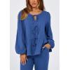 imagePRETTYGARDEN Womens 2025 Two Piece Outfits Tie Front Long Sleeve Top Wide Leg Pant Lounge Sets Cute Matching LoungewearBlue