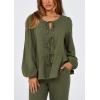 imagePRETTYGARDEN Womens 2025 Two Piece Outfits Tie Front Long Sleeve Top Wide Leg Pant Lounge Sets Cute Matching LoungewearDark Green