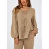 imagePRETTYGARDEN Womens 2025 Two Piece Outfits Tie Front Long Sleeve Top Wide Leg Pant Lounge Sets Cute Matching LoungewearKhaki