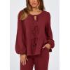 imagePRETTYGARDEN Womens 2025 Two Piece Outfits Tie Front Long Sleeve Top Wide Leg Pant Lounge Sets Cute Matching LoungewearWine Red