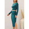 imagePRETTYGARDEN Womens Fall 2 Piece Outfits Track Suits Long Sleeve Crop Tops Bodycon Midi Skirt Slit Dress Matching SetsDark Green