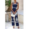 imagePRETTYGARDEN Womens Jumpsuit Casual One Piece Boho Summer Outfits Shirred Strap Wide Leg Long Pants Rompers With PocketsNavy White Flower