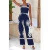 imagePRETTYGARDEN Womens Jumpsuit Casual One Piece Boho Summer Outfits Shirred Strap Wide Leg Long Pants Rompers With PocketsNavy White Flower