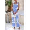 imagePRETTYGARDEN Womens Jumpsuit Casual One Piece Boho Summer Outfits Shirred Strap Wide Leg Long Pants Rompers With PocketsSky Blue White Flower