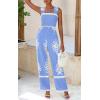 imagePRETTYGARDEN Womens Jumpsuit Casual One Piece Boho Summer Outfits Shirred Strap Wide Leg Long Pants Rompers With PocketsSky Blue White Flower