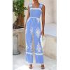 imagePRETTYGARDEN Womens Jumpsuit Casual One Piece Boho Summer Outfits Shirred Strap Wide Leg Long Pants Rompers With PocketsSky Blue White Flower