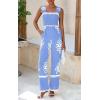 imagePRETTYGARDEN Womens Jumpsuit Casual One Piece Boho Summer Outfits Shirred Strap Wide Leg Long Pants Rompers With PocketsSky Blue White Flower