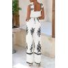 imagePRETTYGARDEN Womens Jumpsuit Casual One Piece Boho Summer Outfits Shirred Strap Wide Leg Long Pants Rompers With PocketsWhite Black Flower
