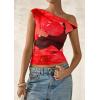 imagePRETTYGARDEN Womens Off Shoulder Tops 2025 Summer Floral Mesh Going Out Crop Tank Tops Asymmetrical Tight Y2K Shirts ClothesBlack Red Flower