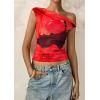 imagePRETTYGARDEN Womens Off Shoulder Tops 2025 Summer Floral Mesh Going Out Crop Tank Tops Asymmetrical Tight Y2K Shirts ClothesBlack Red Flower