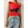 imagePRETTYGARDEN Womens Off Shoulder Tops 2025 Summer Floral Mesh Going Out Crop Tank Tops Asymmetrical Tight Y2K Shirts ClothesBlack Red Flower