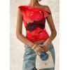 imagePRETTYGARDEN Womens Off Shoulder Tops 2025 Summer Floral Mesh Going Out Crop Tank Tops Asymmetrical Tight Y2K Shirts ClothesBlack Red Flower