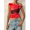 imagePRETTYGARDEN Womens Off Shoulder Tops 2025 Summer Floral Mesh Going Out Crop Tank Tops Asymmetrical Tight Y2K Shirts ClothesBlack Red Flower