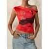 imagePRETTYGARDEN Womens Off Shoulder Tops 2025 Summer Floral Mesh Going Out Crop Tank Tops Asymmetrical Tight Y2K Shirts ClothesBlack Red Flower