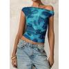 imagePRETTYGARDEN Womens Off Shoulder Tops 2025 Summer Floral Mesh Going Out Crop Tank Tops Asymmetrical Tight Y2K Shirts ClothesBlue Green