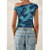 imagePRETTYGARDEN Womens Off Shoulder Tops 2025 Summer Floral Mesh Going Out Crop Tank Tops Asymmetrical Tight Y2K Shirts ClothesBlue Green