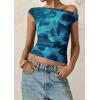 imagePRETTYGARDEN Womens Off Shoulder Tops 2025 Summer Floral Mesh Going Out Crop Tank Tops Asymmetrical Tight Y2K Shirts ClothesBlue Green