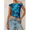 imagePRETTYGARDEN Womens Off Shoulder Tops 2025 Summer Floral Mesh Going Out Crop Tank Tops Asymmetrical Tight Y2K Shirts ClothesBlue Green