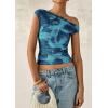 imagePRETTYGARDEN Womens Off Shoulder Tops 2025 Summer Floral Mesh Going Out Crop Tank Tops Asymmetrical Tight Y2K Shirts ClothesBlue Green
