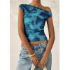 imagePRETTYGARDEN Womens Off Shoulder Tops 2025 Summer Floral Mesh Going Out Crop Tank Tops Asymmetrical Tight Y2K Shirts ClothesBlue Green