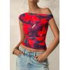 imagePRETTYGARDEN Womens Off Shoulder Tops 2025 Summer Floral Mesh Going Out Crop Tank Tops Asymmetrical Tight Y2K Shirts ClothesBlue Red Flower