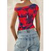 imagePRETTYGARDEN Womens Off Shoulder Tops 2025 Summer Floral Mesh Going Out Crop Tank Tops Asymmetrical Tight Y2K Shirts ClothesBlue Red Flower