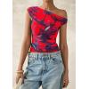 imagePRETTYGARDEN Womens Off Shoulder Tops 2025 Summer Floral Mesh Going Out Crop Tank Tops Asymmetrical Tight Y2K Shirts ClothesBlue Red Flower