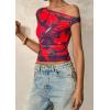imagePRETTYGARDEN Womens Off Shoulder Tops 2025 Summer Floral Mesh Going Out Crop Tank Tops Asymmetrical Tight Y2K Shirts ClothesBlue Red Flower