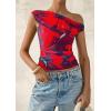 imagePRETTYGARDEN Womens Off Shoulder Tops 2025 Summer Floral Mesh Going Out Crop Tank Tops Asymmetrical Tight Y2K Shirts ClothesBlue Red Flower